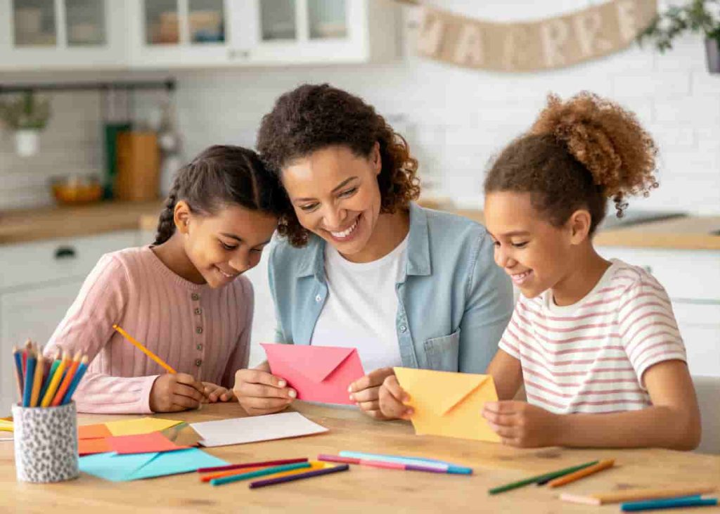 children making handmade cards for a summer kindness project at a kitchen table
