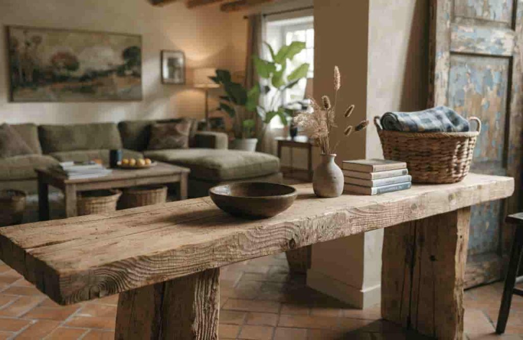 Rustic console table decor matching the home's farmhouse style
