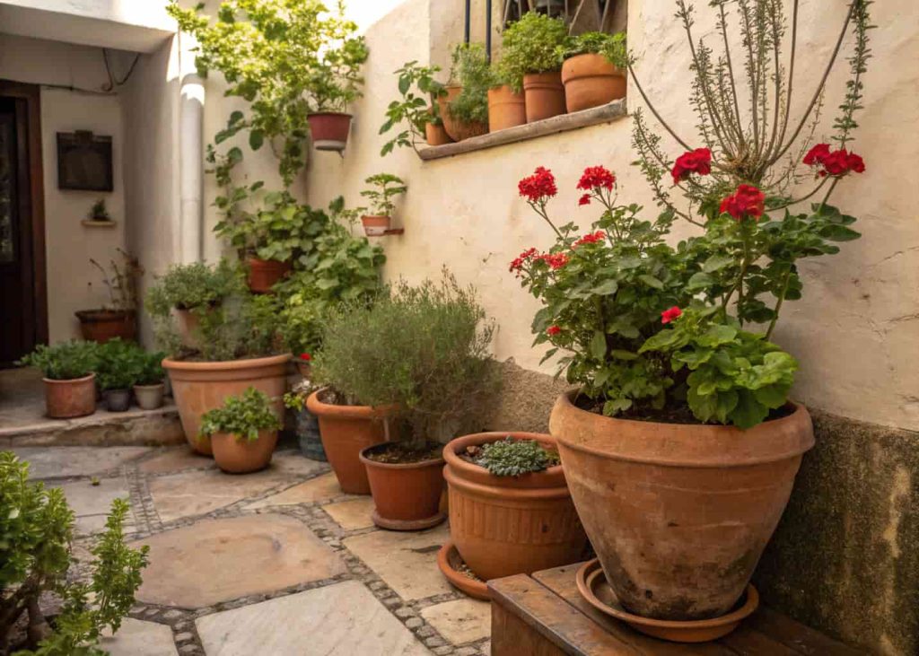 Container garden with mismatched pots of herbs and flowers on a small patio