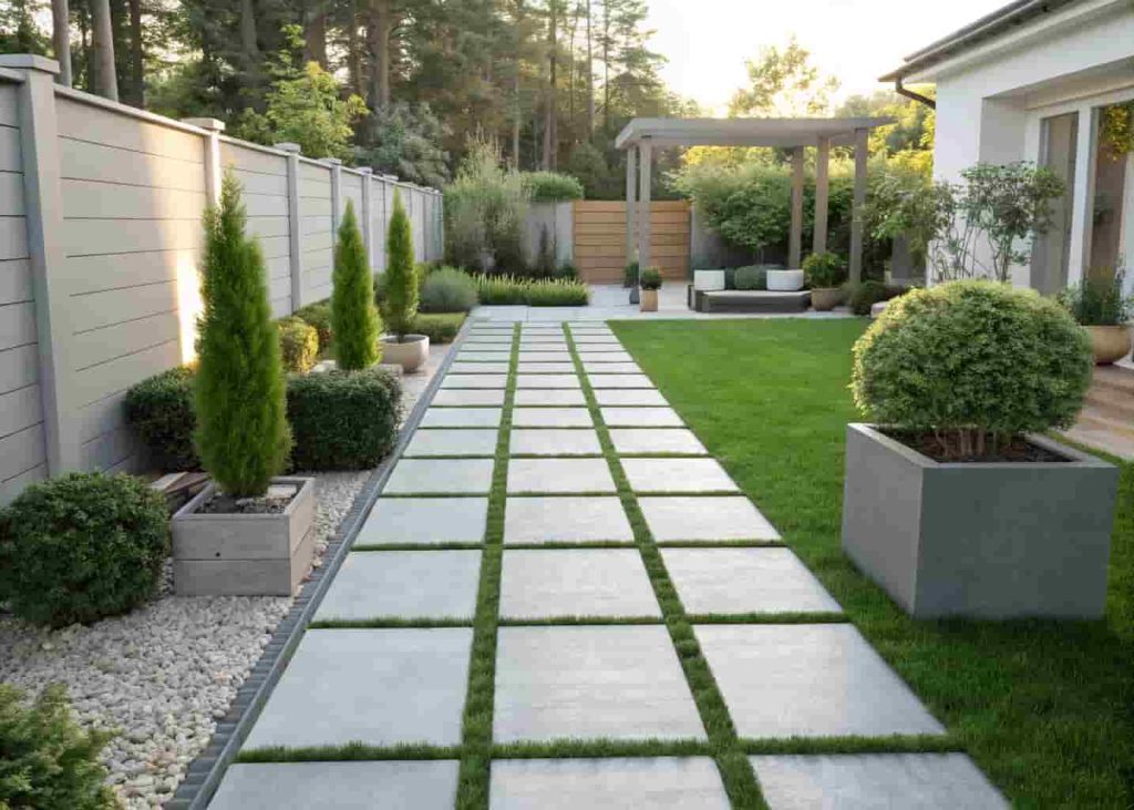 Modern concrete paver walkway in a backyard garden with neatly trimmed grass on either side.