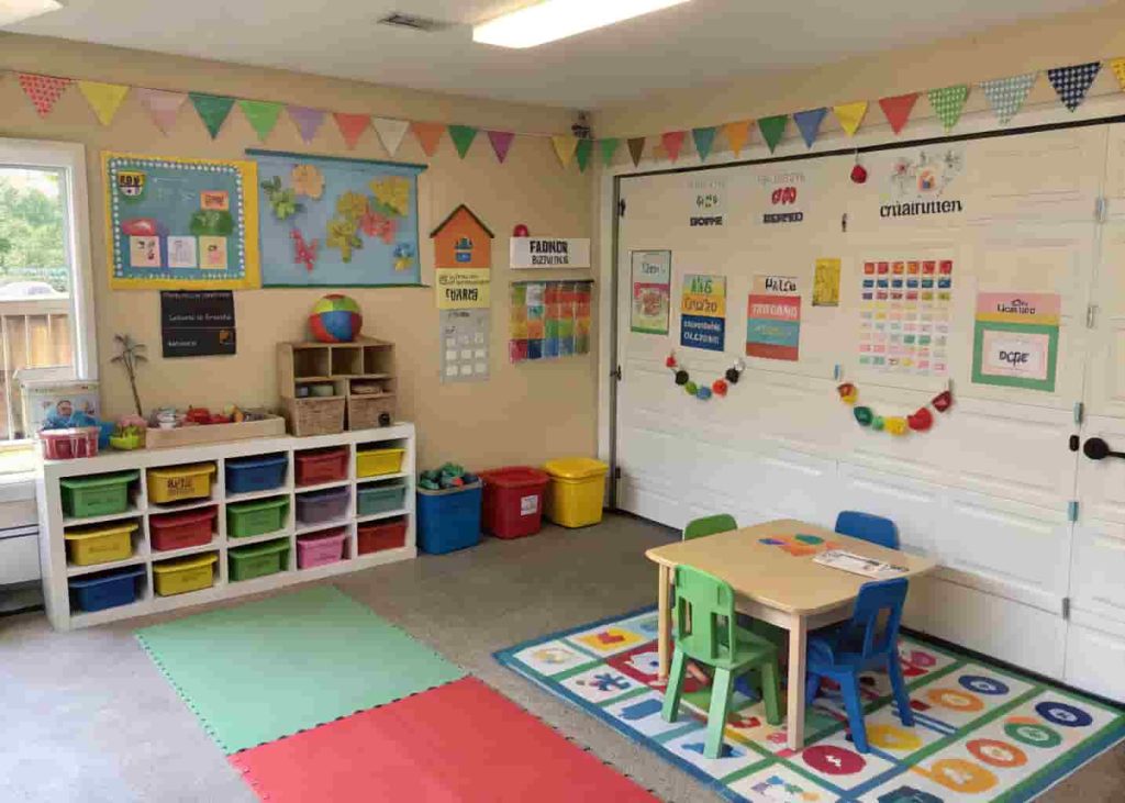 Garage transformed into a cheerful home daycare space with colorful décor and child-friendly furniture