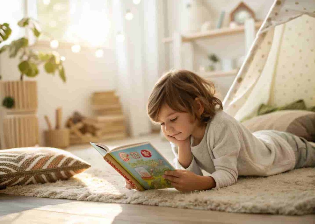hild lying on a rug reading a graphic novel with full concentration during a summer afternoon indoors.