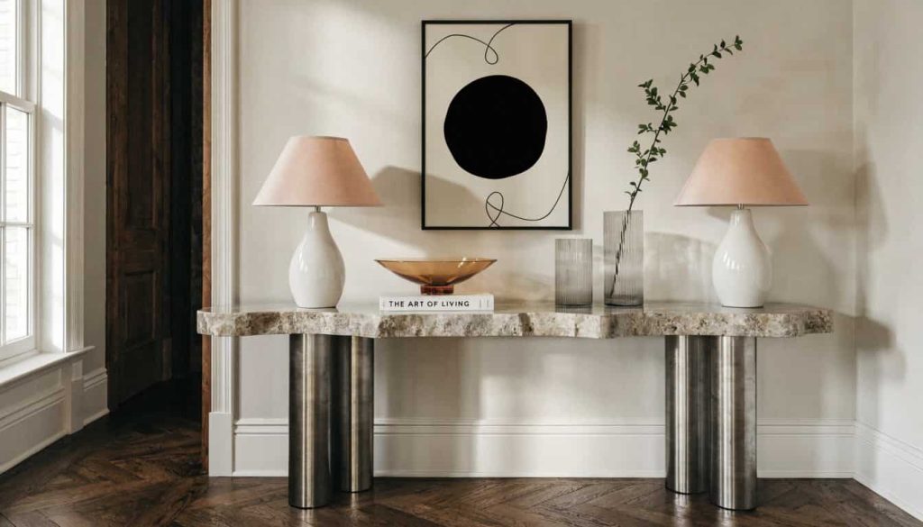Framed artwork properly spaced above a styled console table