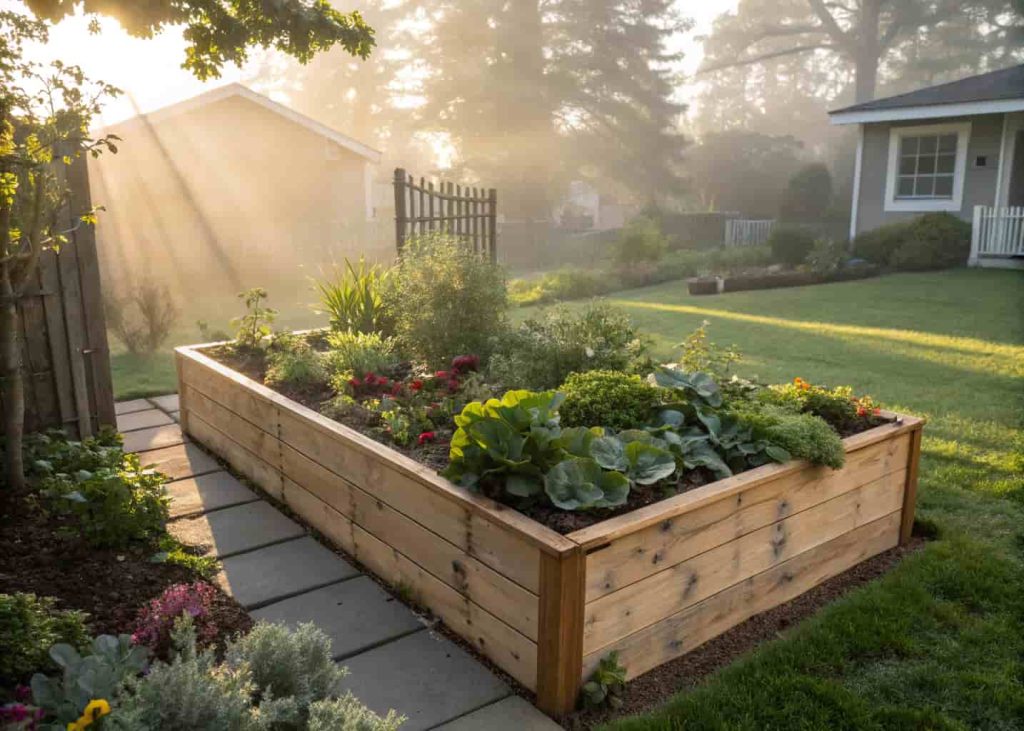 Small cedar raised garden bed with vegetables in a tight backyard space