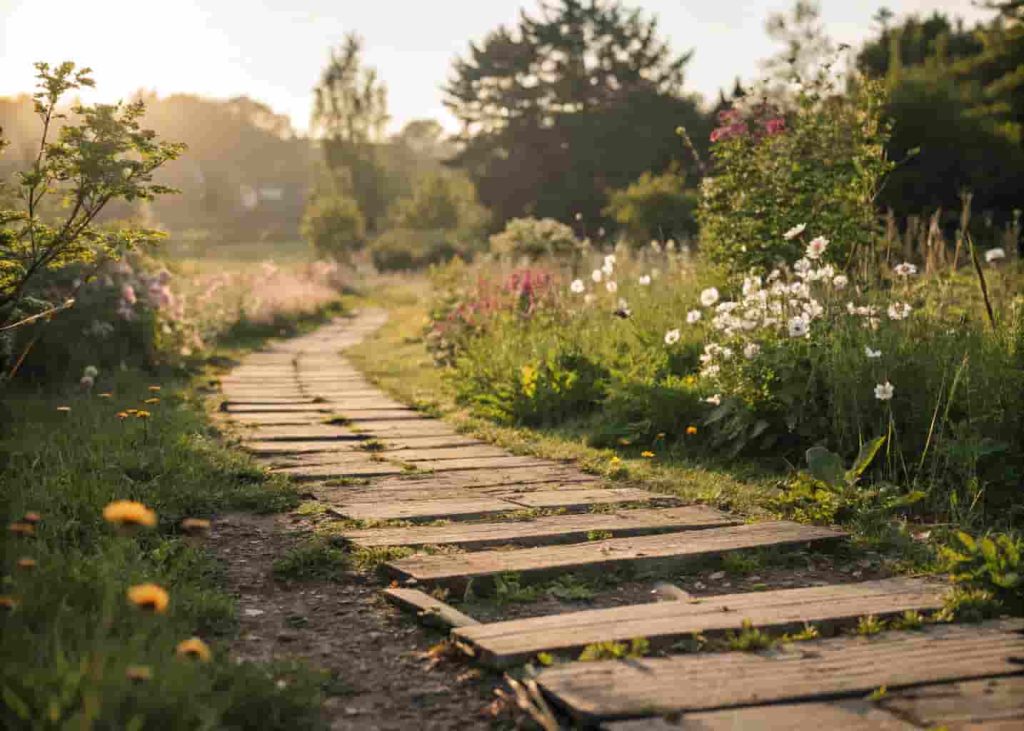 Rustic wooden pallet plank garden path surrounded by wildflowers and lush green plants.