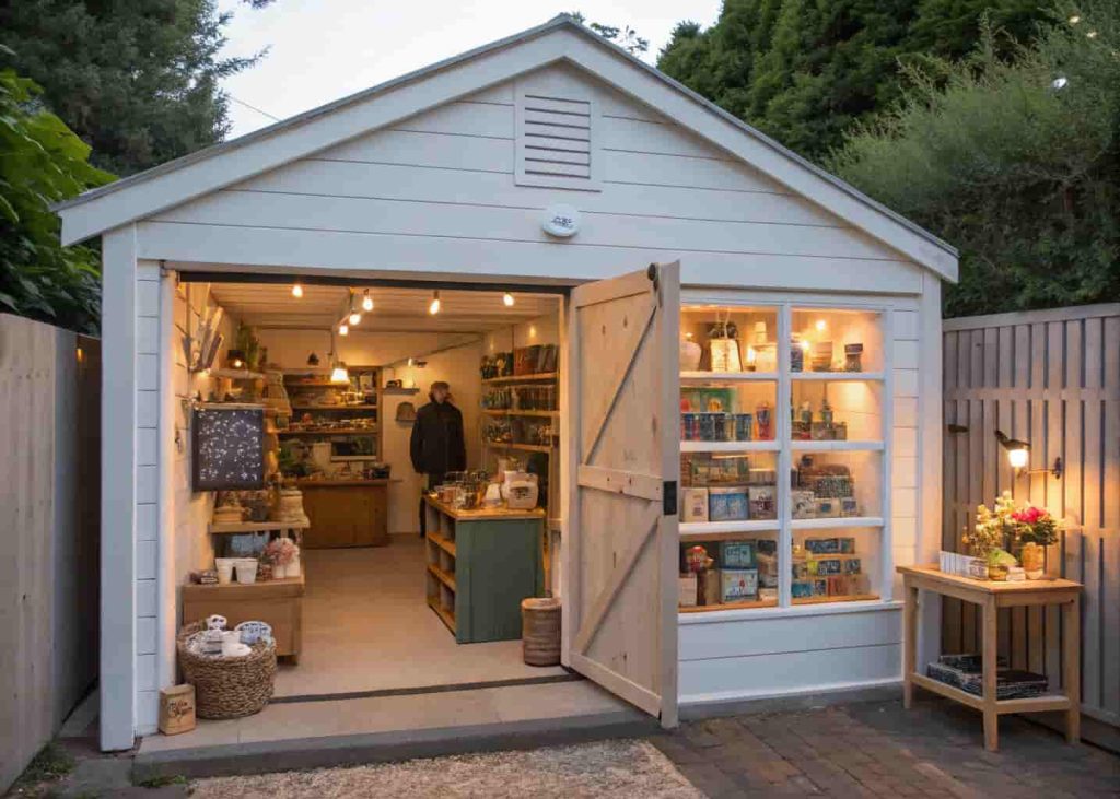 Garage used as a small retail pop-up shop selling handmade goods with stylish display shelving