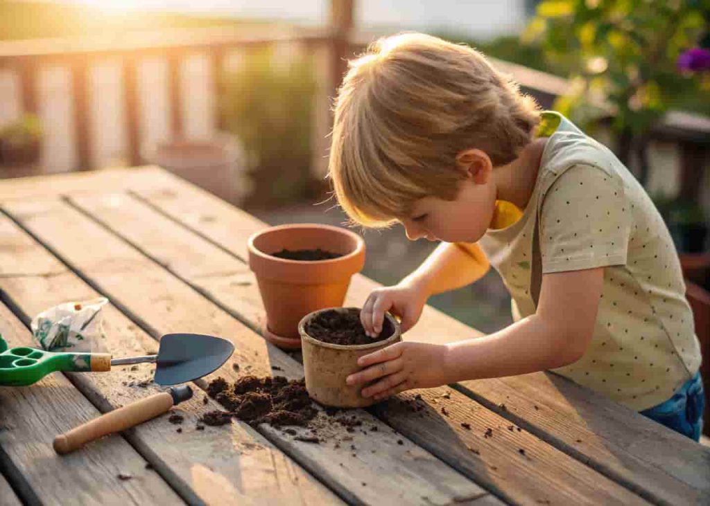 Child planting seeds in small garden pots outdoors on a sunny day as part of a hands-on plant science activity.