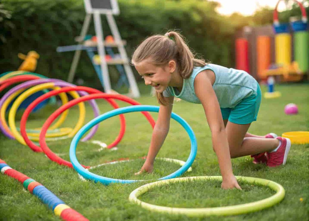 Young girl completing a backyard obstacle course with hula hoops and pool noodles during summer