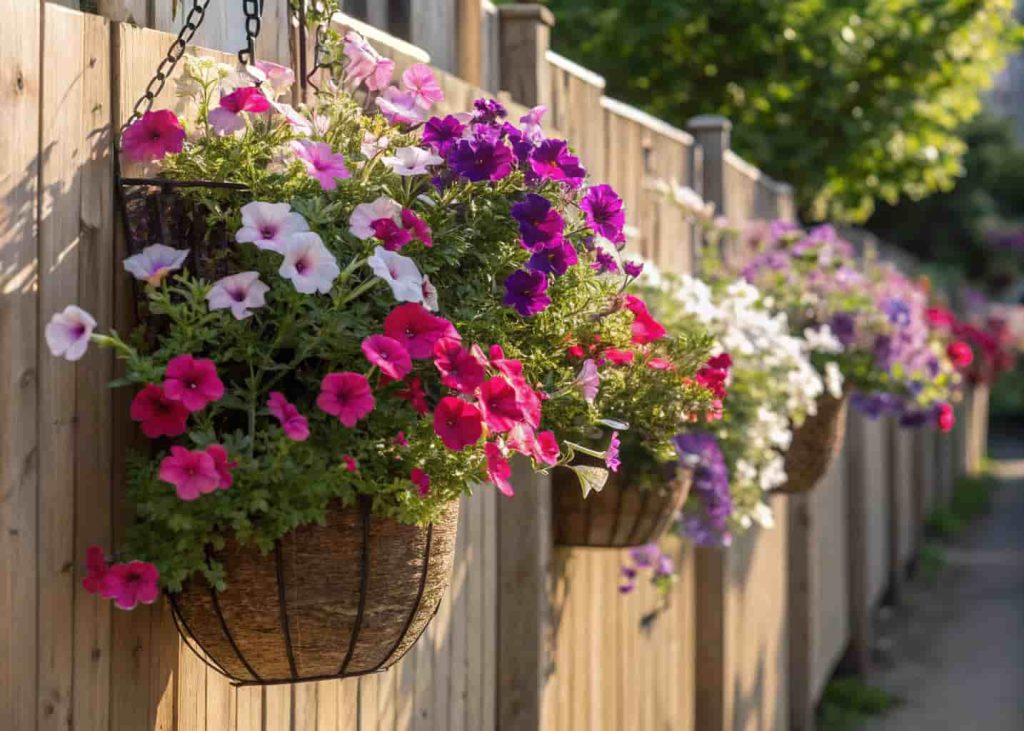 Hanging flower baskets with trailing petunias on a wooden fence for small yard color