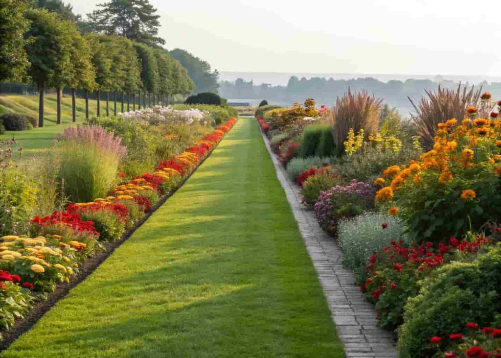 Neat grass strip garden path with clean edges running between colorful flower garden beds.