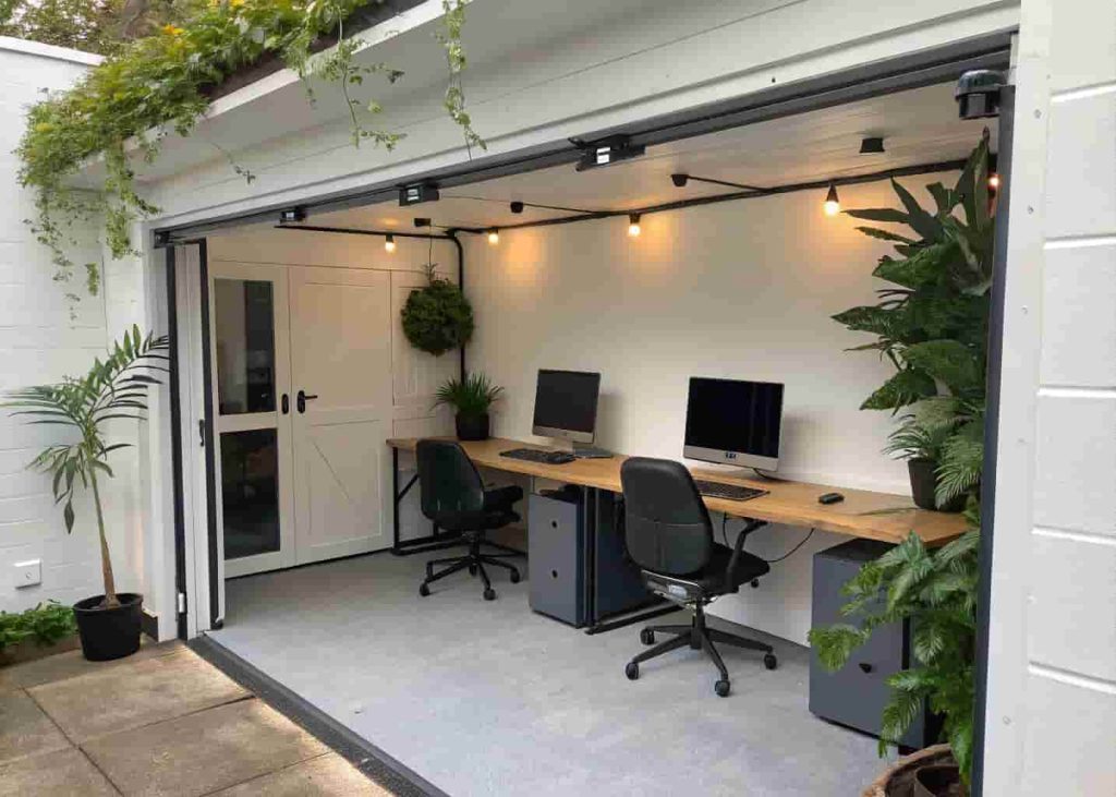 Garage converted into a coworking space with desks, computers, and professional lighting for remote workers