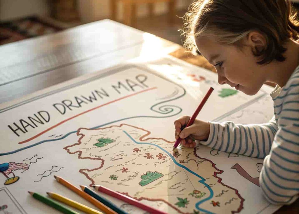 Child creating a hand-drawn illustrated map with colored pencils on a large paper sheet at a table indoors.