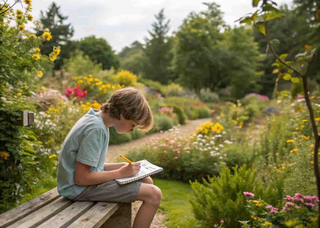Boy nature journaling in a garden during summer vacation with colored pencils and a notebook