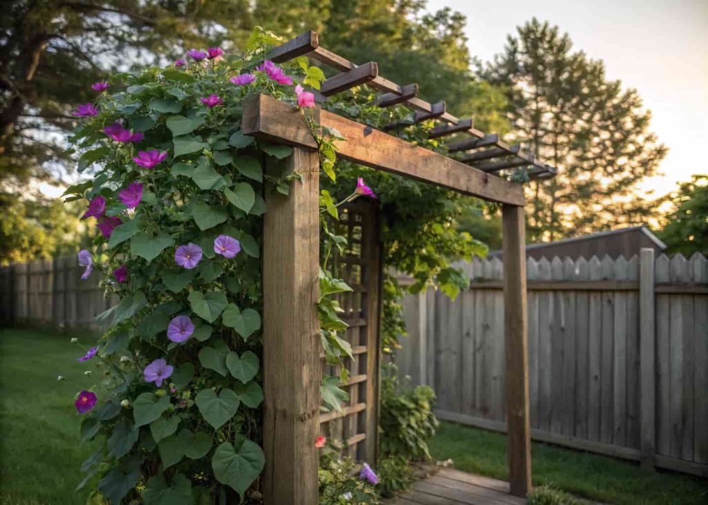 Wooden trellis covered with climbing morning glory flowers in a small backyard
