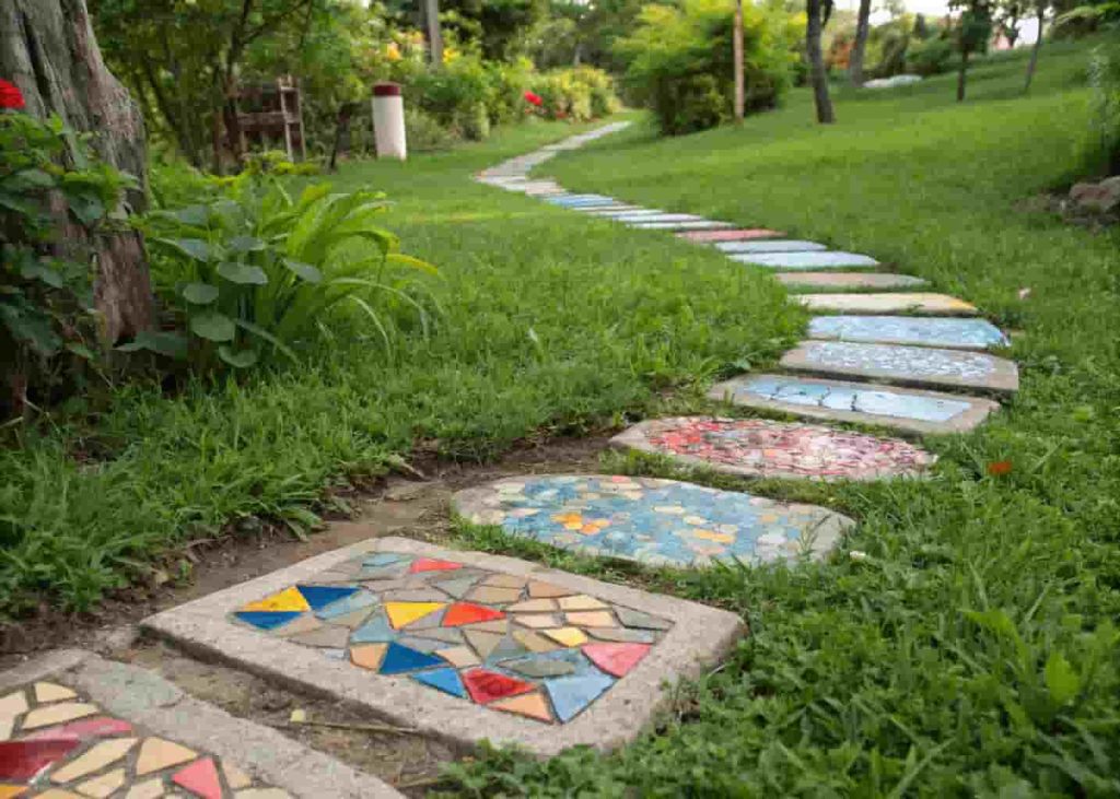 Colorful mosaic tile stepping stones with ceramic pieces set into concrete in a green garden walkway.