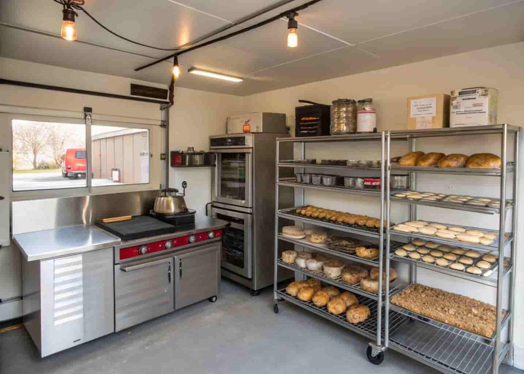 Home garage bakery kitchen setup with commercial equipment for a small food business.