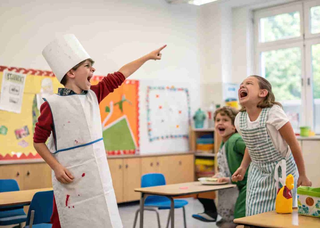 Children performing a short skit in a casual classroom setting, one child acting dramatically while others watch and laugh.