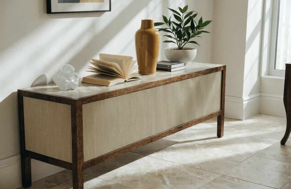Console table decor with neutral tones and pops of color