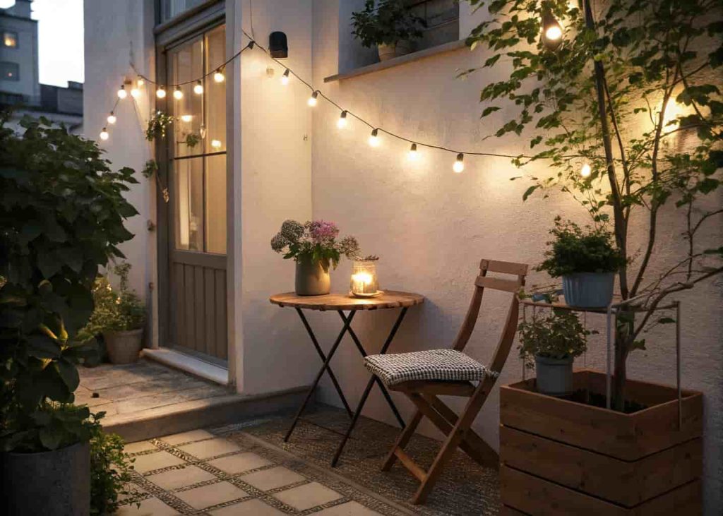 Cozy small patio seating nook with bistro chair and potted plants