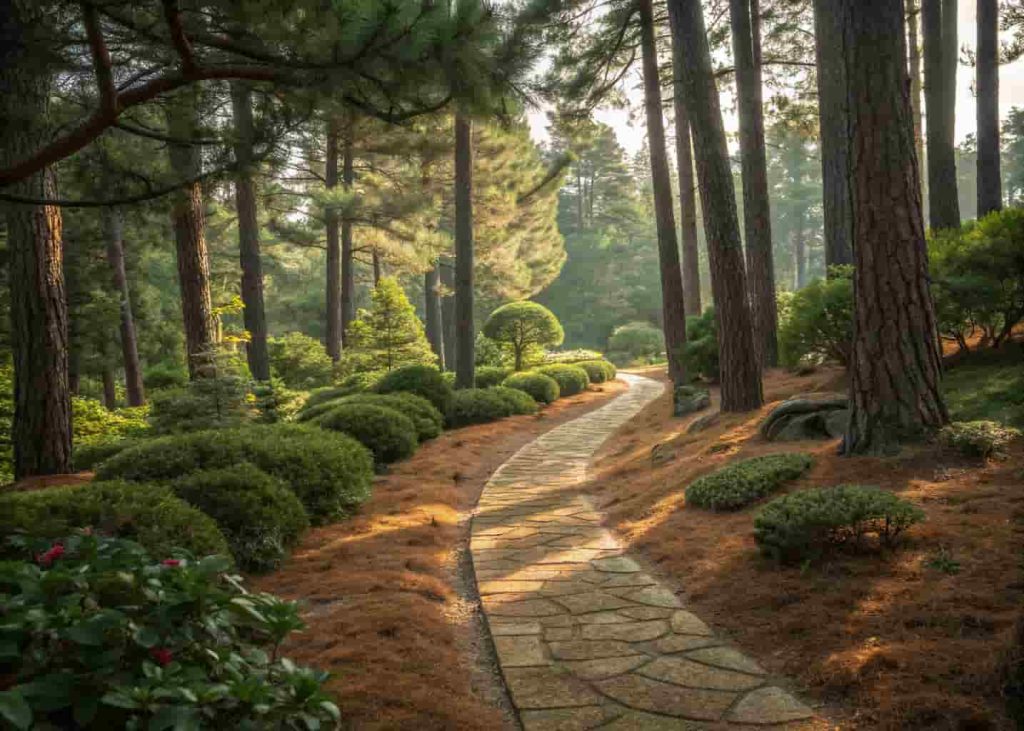 Pine needle garden path under tall trees with dappled sunlight in a shaded woodland garden.