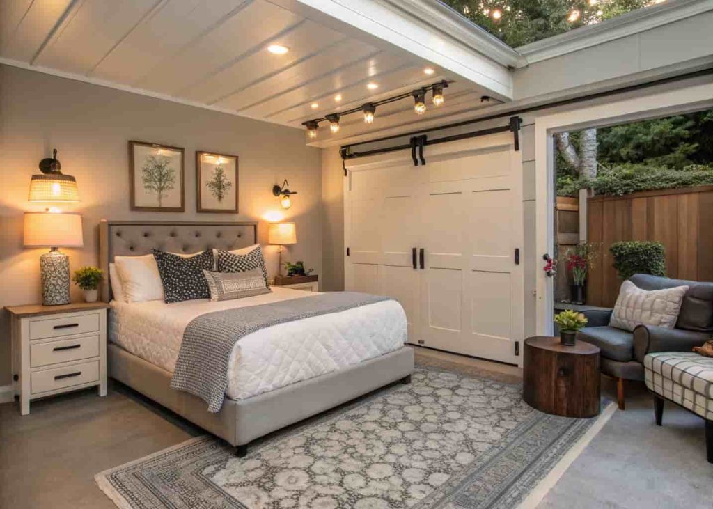 Cozy garage Airbnb rental with stylish furnishings, warm lighting, and a welcoming atmosphere