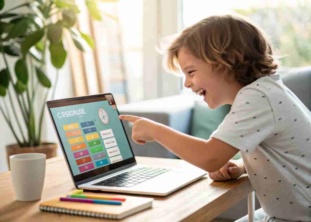 Child smiling while working on a beginner coding project on a laptop with a colorful visual programming interface.