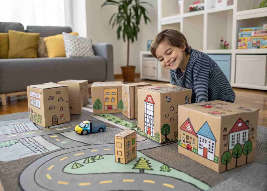 Child building a cardboard city with decorated boxes during a creative summer activity indoors