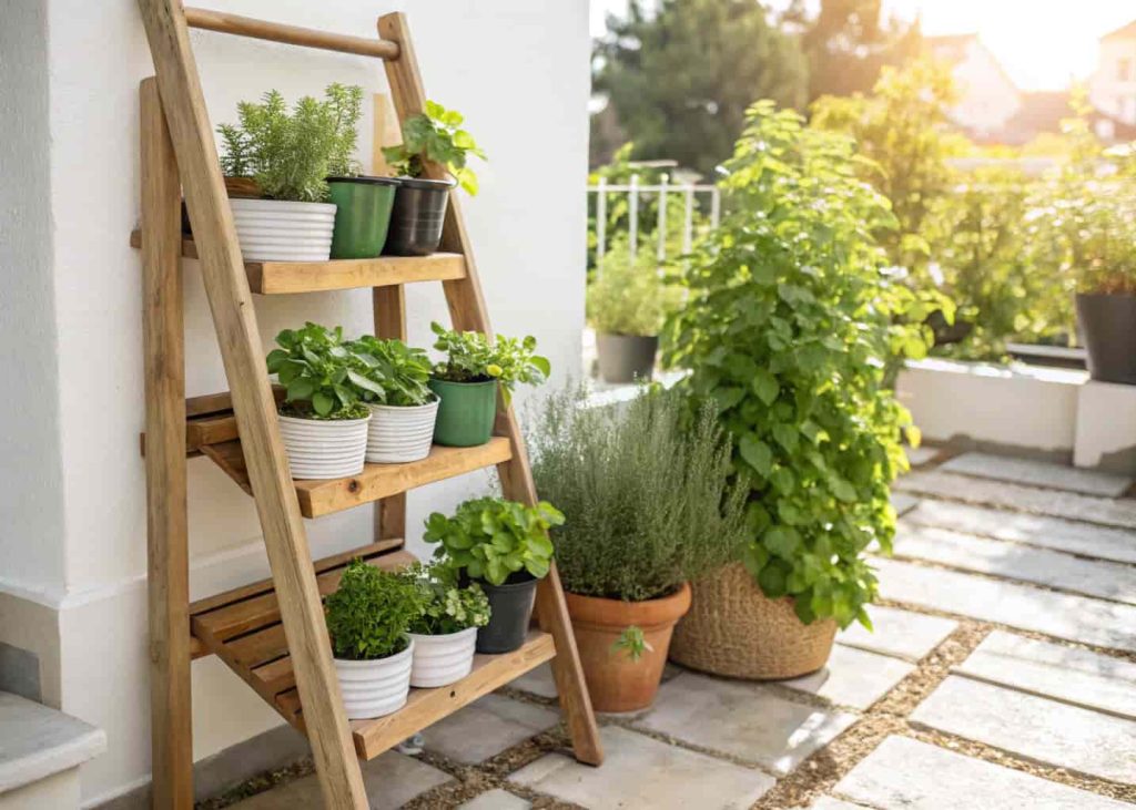 Wooden ladder herb garden with potted basil, mint, and rosemary on patio