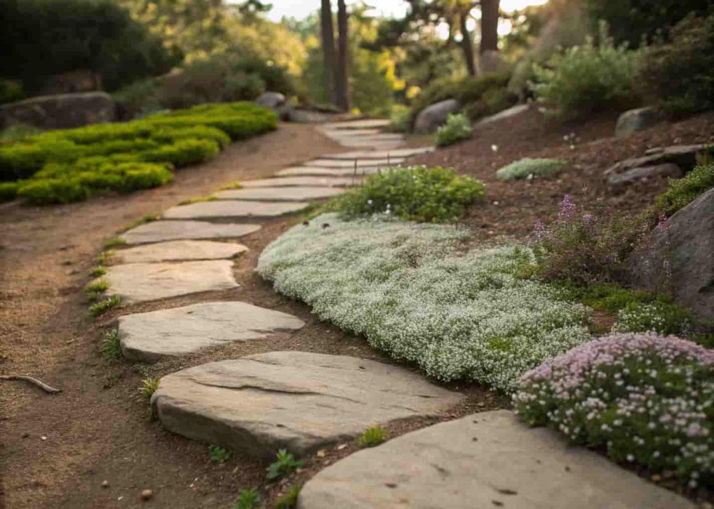 Dirt garden path edged with flat stones and creeping thyme growing between and along the sides.