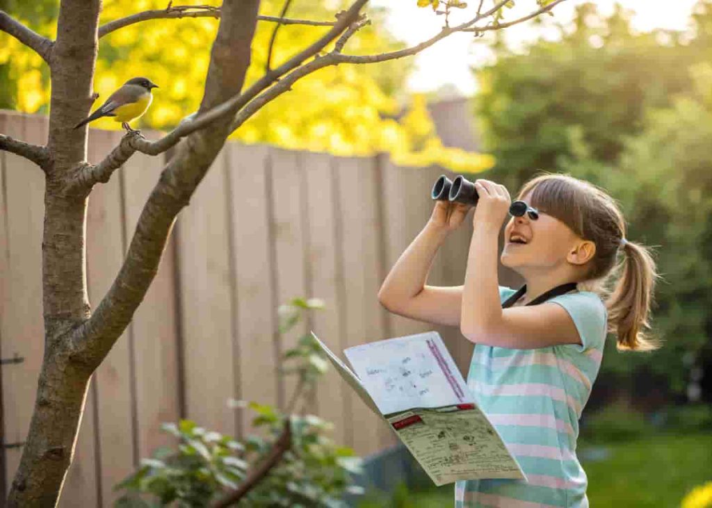 Young girl birdwatching in a backyard with binoculars and a bird identification checklist during summer