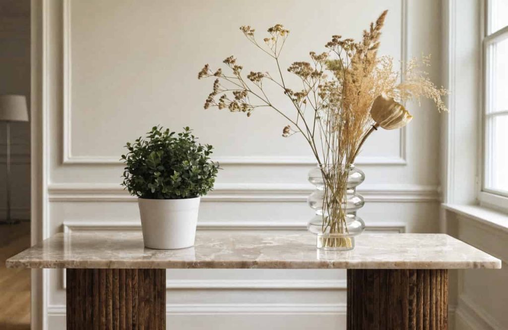 Console table decorated with potted plant and dried flower arrangement