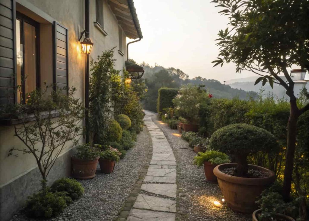 Narrow gravel pathway lined with potted plants in a small side yard