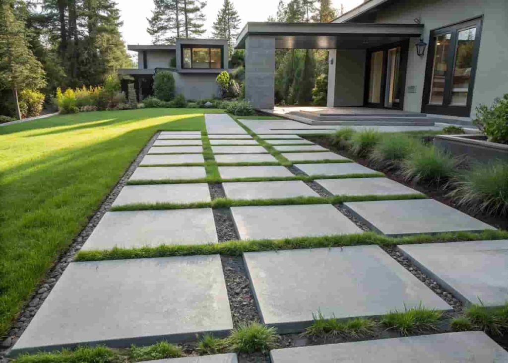 Modern gray concrete paver walkway with grass between joints leading to a contemporary home
