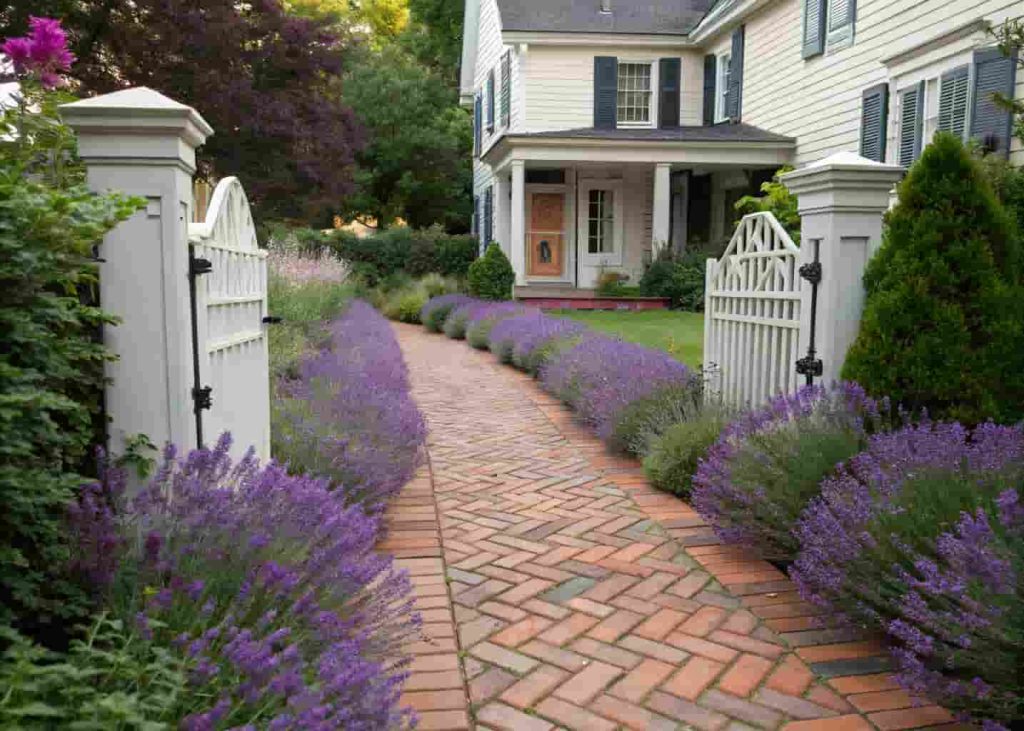 Brick herringbone pattern side walkway bordered by lavender plants