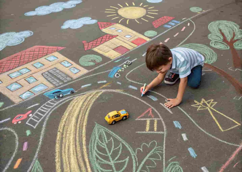 Preschooler playing in sidewalk chalk imagination town as a creative summer activity