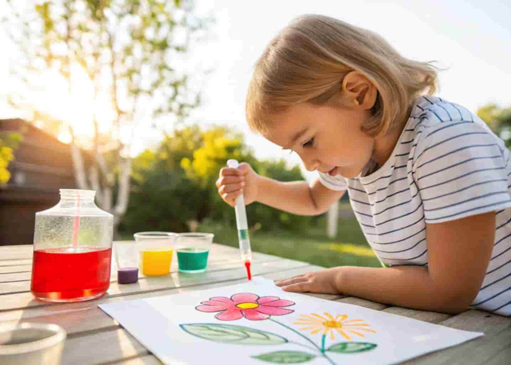 Preschooler using water dropper for watercolor flower activity in summer