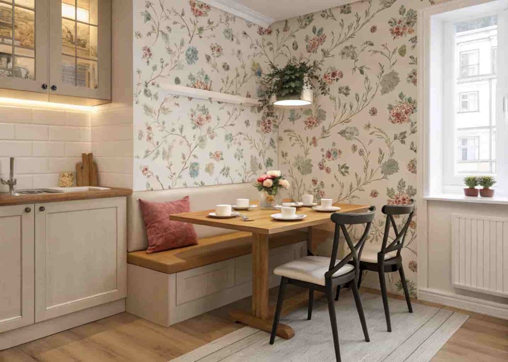 Floral vintage wallpaper accent wall behind small breakfast nook