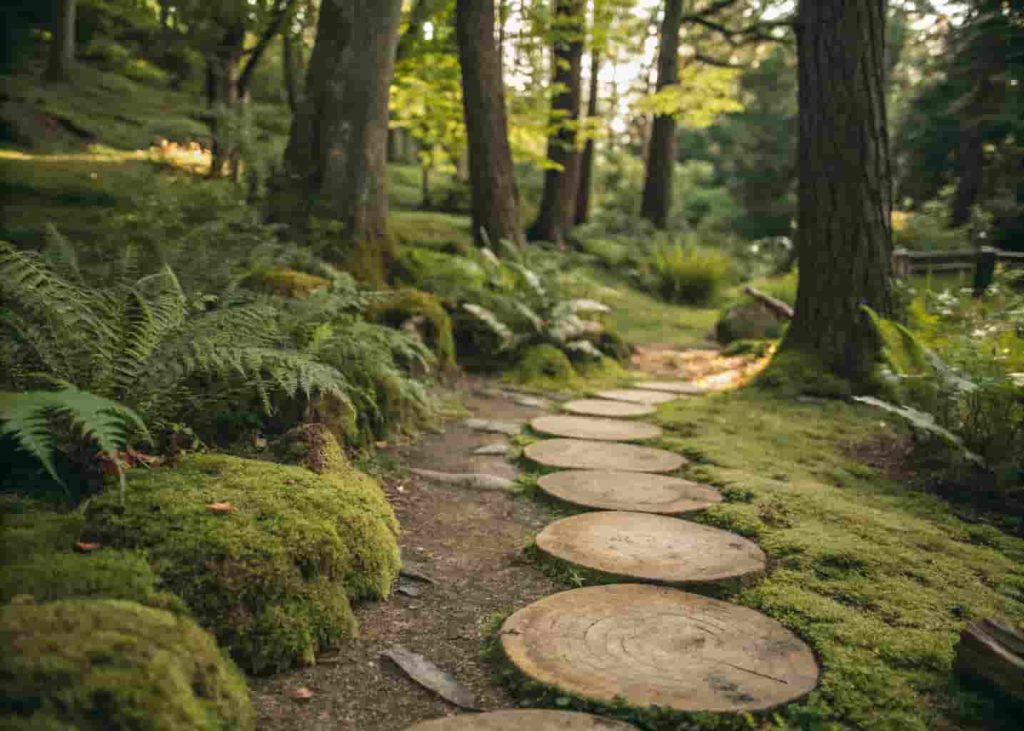 Round log slice stepping stone garden path surrounded by ferns and moss in a woodland garden setting.