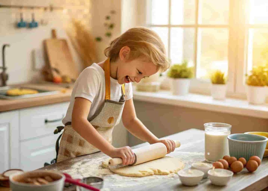 Child baking from scratch in the kitchen during summer, rolling dough with an apron on
