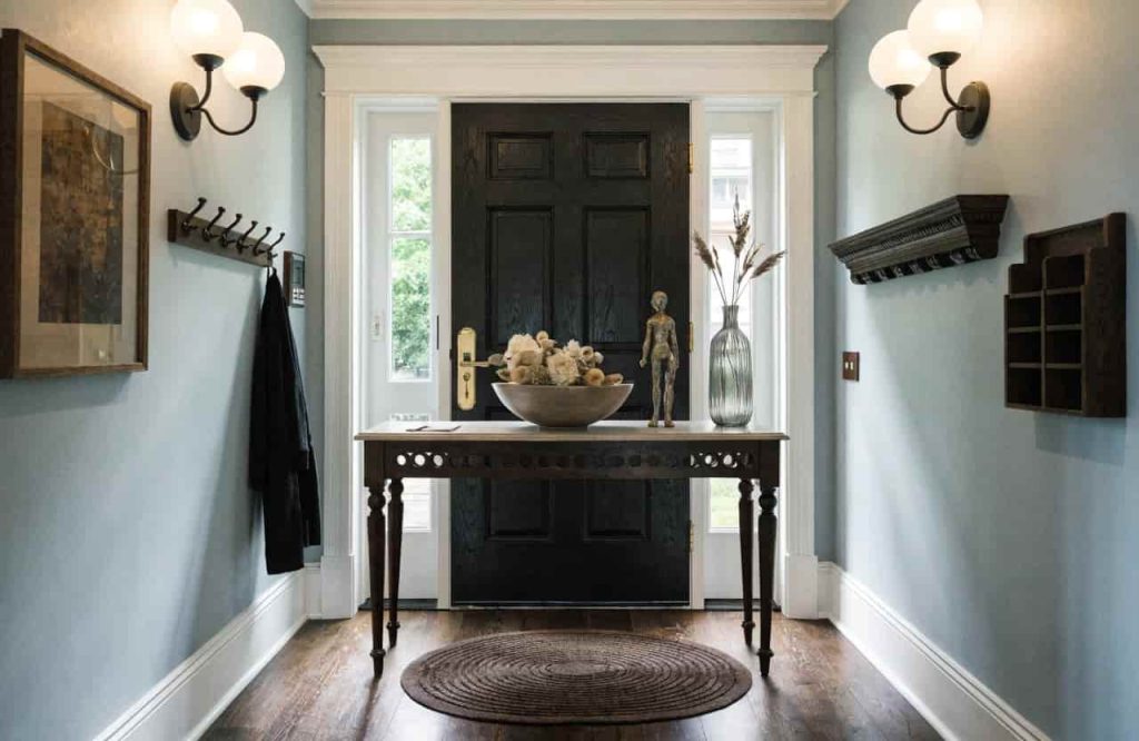 Console table positioned across from the front door as a focal point