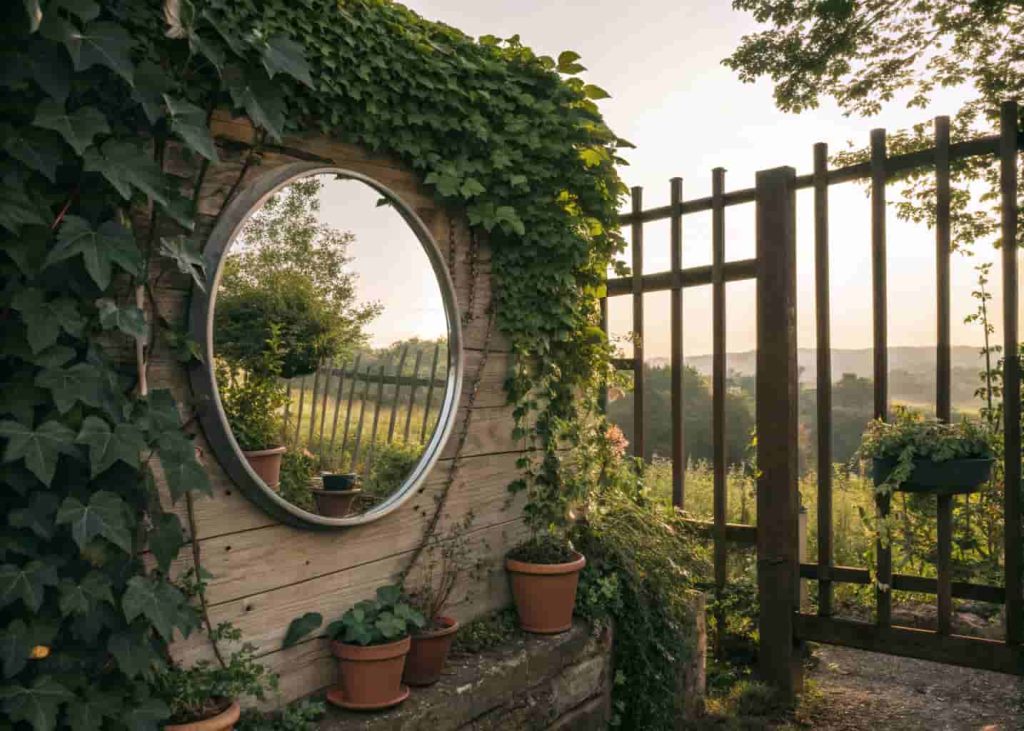 Outdoor mirror on garden fence surrounded by ivy to make small garden feel bigger