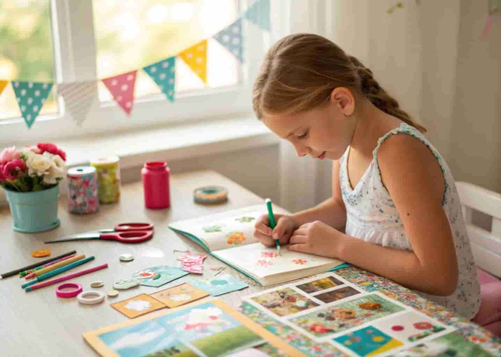 Young girl making a summer scrapbook at a craft table with photos and colorful decorations
