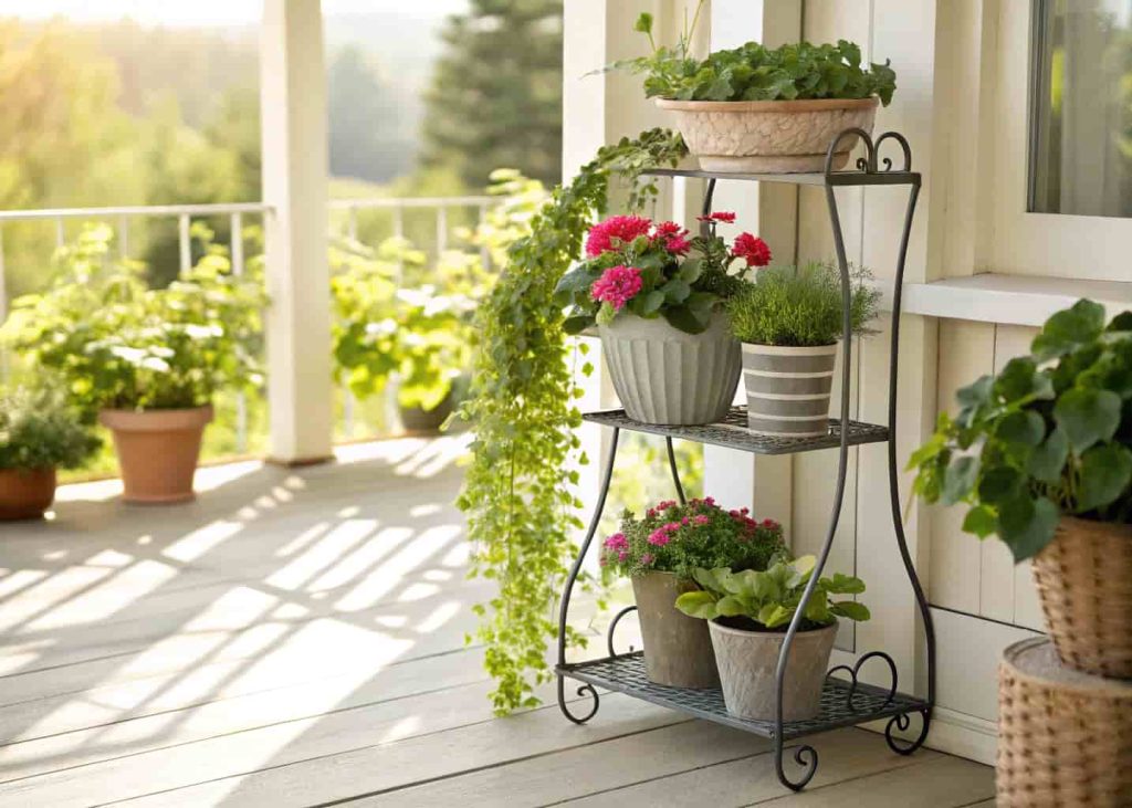 Multi-level plant stand with succulents and trailing plants on a small porch