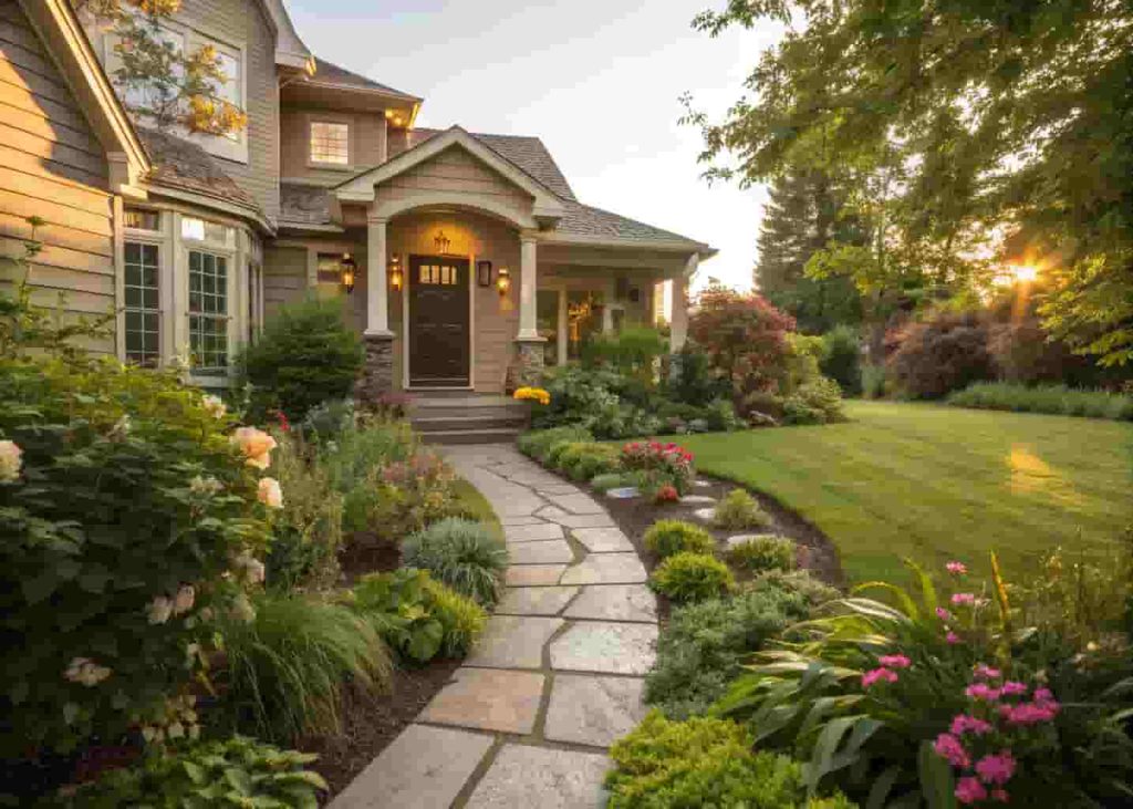 Front yard walkway leading to front door surrounded by green plants and flowers