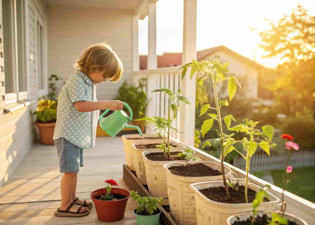 Child tending to a container garden on a sunny porch, watering tomato seedlings in summer