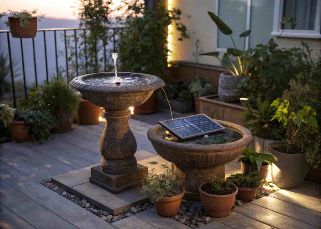 Small tabletop fountain on patio surrounded by potted plants for calming garden
