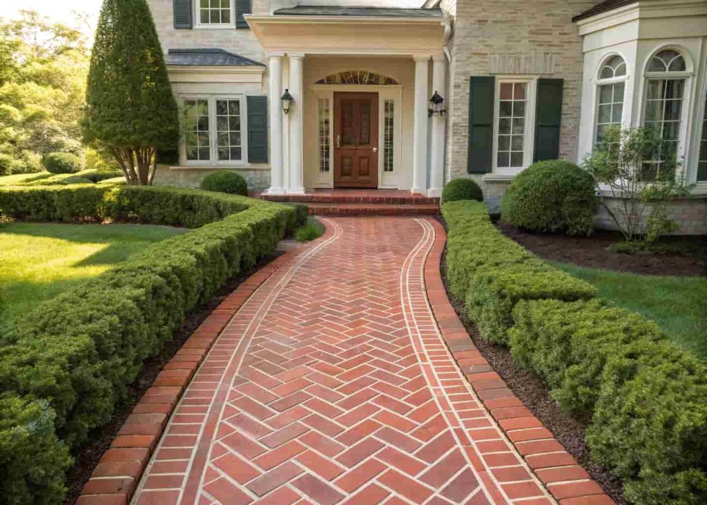 Classic red brick walkway leading to front door with green bushes on both sides