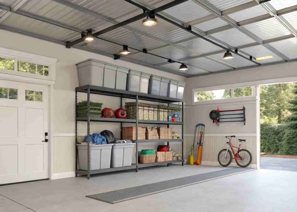 Garage ceiling with overhead storage racks holding labeled plastic bins and seasonal equipment