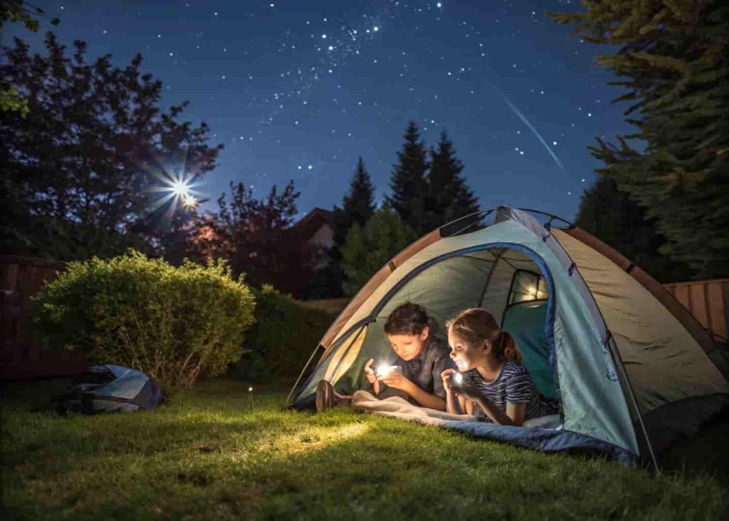 Two kids enjoying a backyard campout at night with flashlights inside a tent during summer