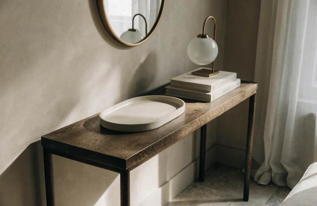 Neutral console table base layer for seasonal decorating